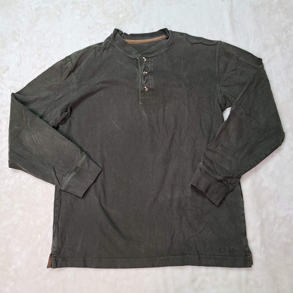 Cabelas Shirt Mens Long Sleeve Henley Olive Green Large Workwear Paint Splatter
